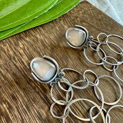 Rose Cut Peach Moonstone Earrings with Layered Chain