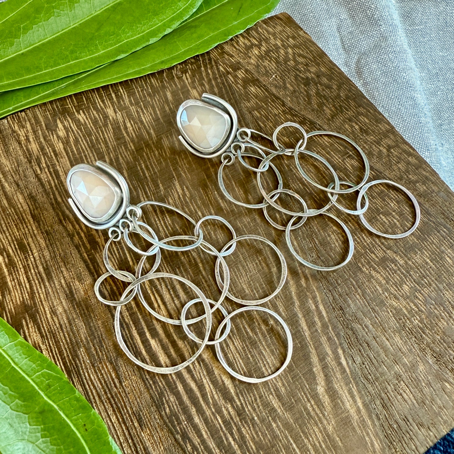 Rose Cut Peach Moonstone Earrings with Layered Chain