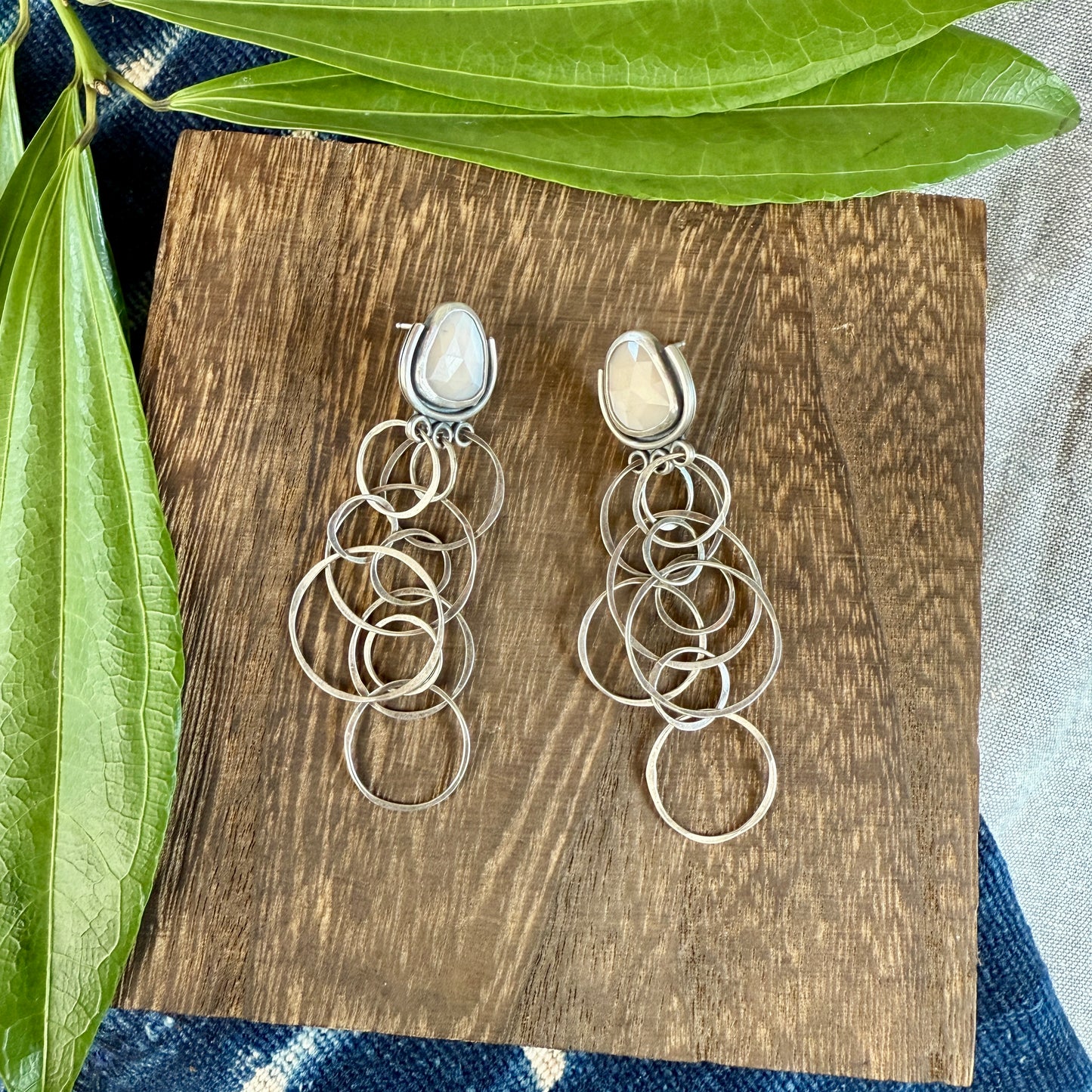 Rose Cut Peach Moonstone Earrings with Layered Chain