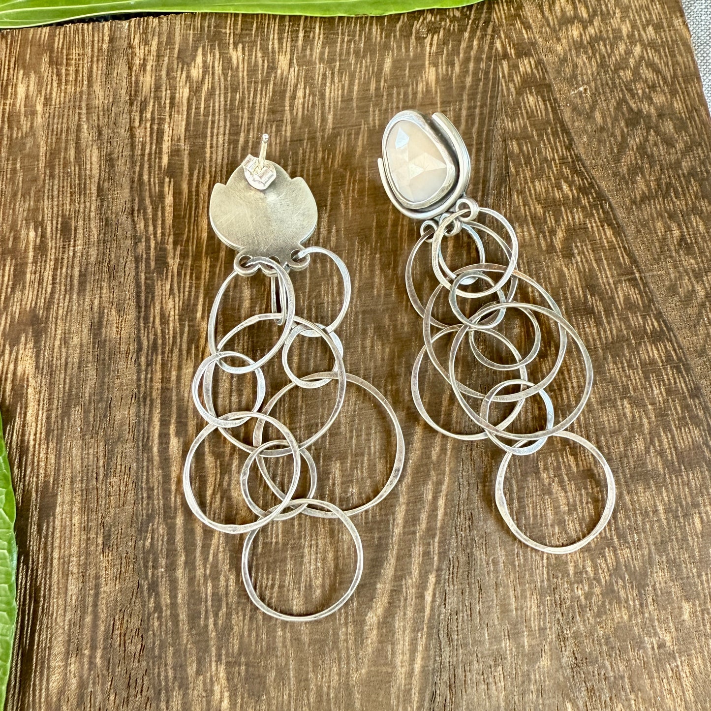 Rose Cut Peach Moonstone Earrings with Layered Chain
