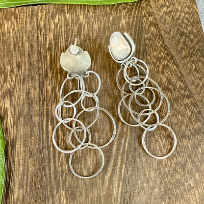Rose Cut Peach Moonstone Earrings with Layered Chain
