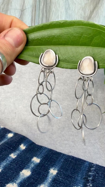 Rose Cut Peach Moonstone Earrings with Layered Chain