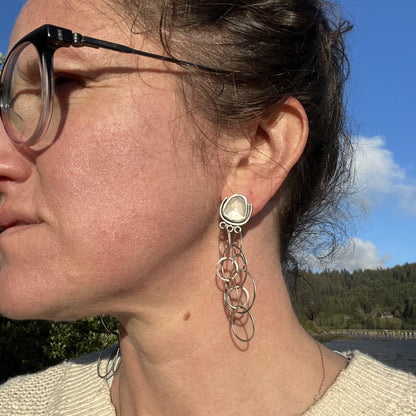 Rose Cut Peach Moonstone Earrings with Layered Chain