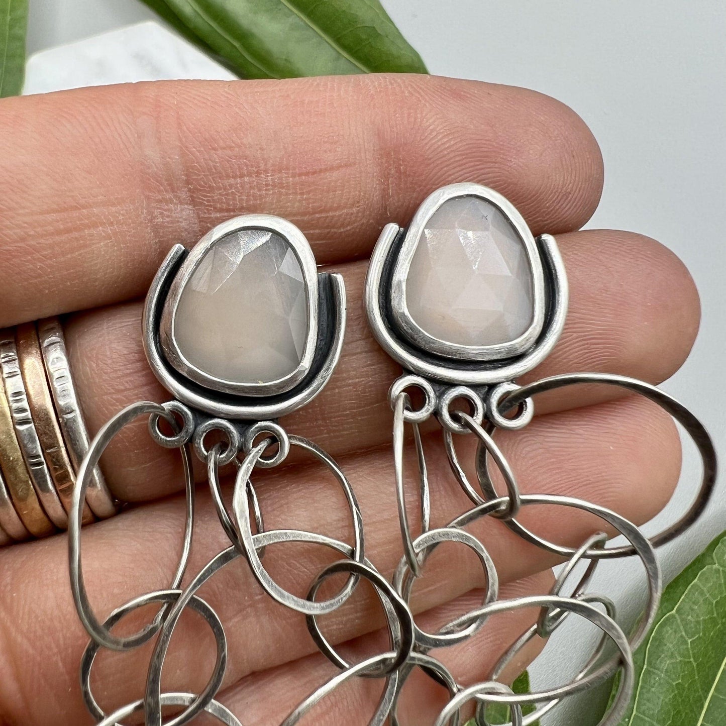 Rose Cut Peach Moonstone Earrings with Layered Chain
