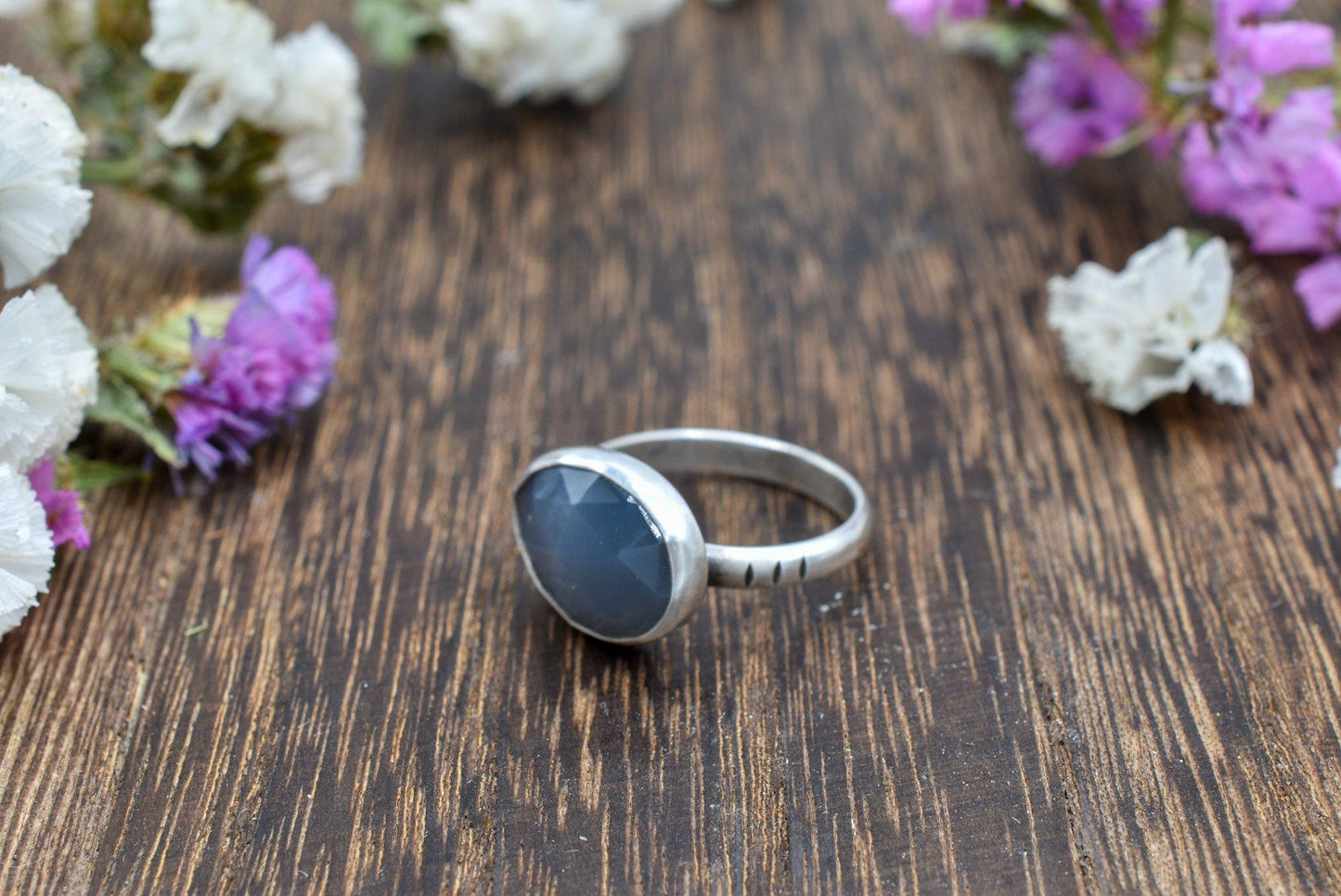 Rose Cut Gray Moonstone Ring, Size 8