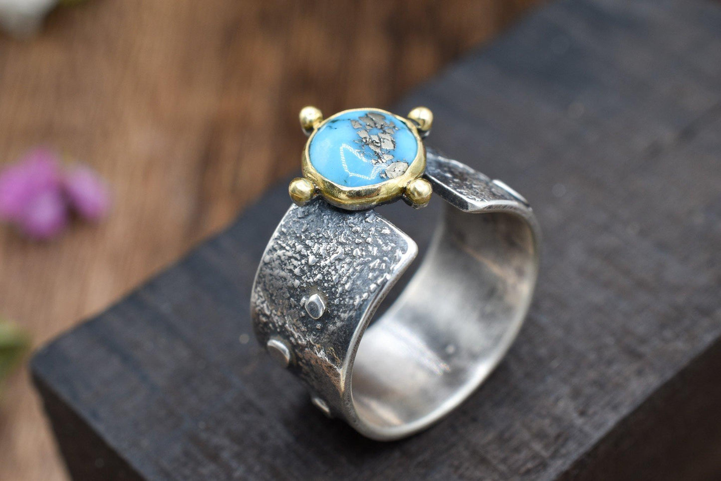 18k Gold, Turquoise "Canyon" Ring, Mixed Metals - Size 7.5