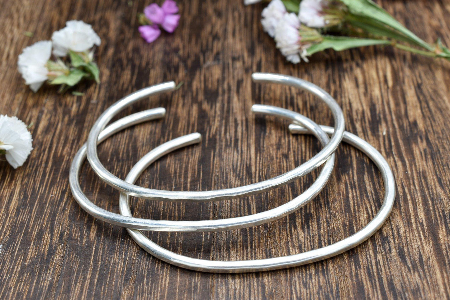 Hammered or Dashed Everyday Cuff Bracelets - Silver