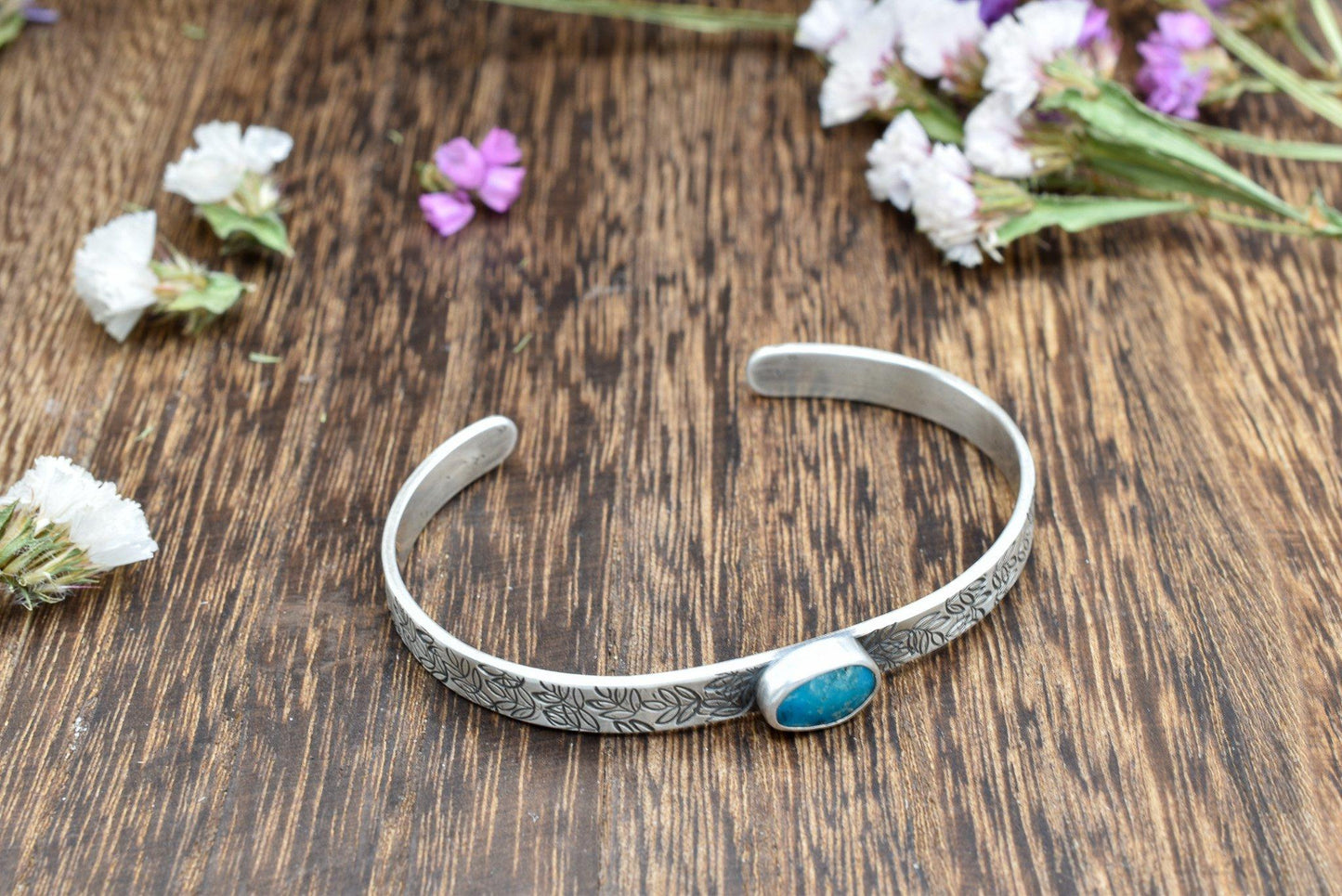 Turquoise Cuff Bracelet with Stamped Petals Design