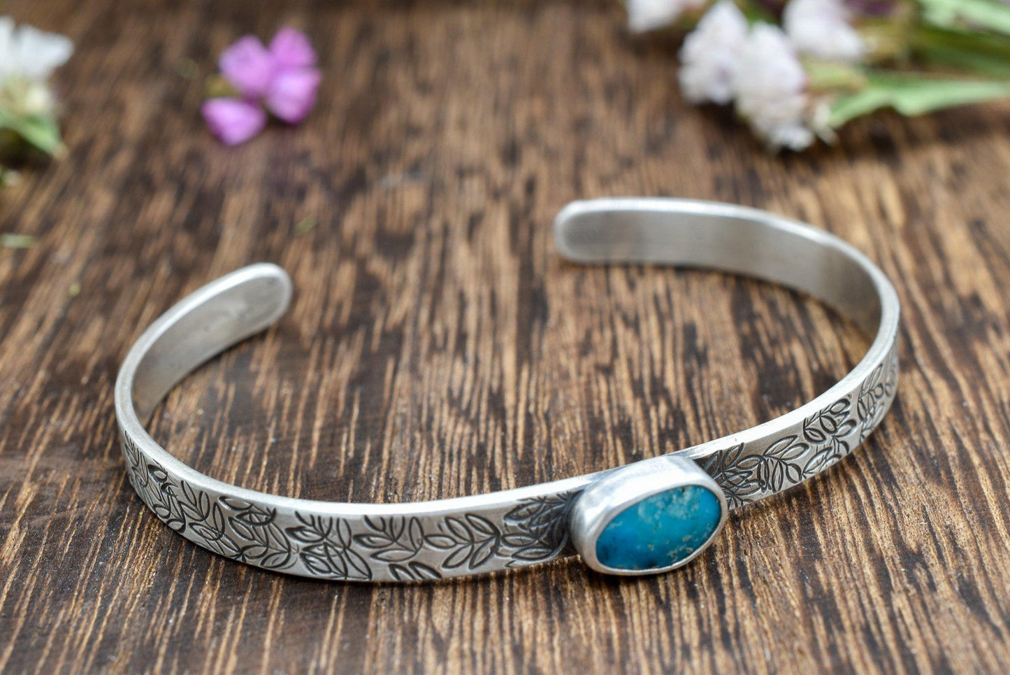 Turquoise Cuff Bracelet with Stamped Petals Design