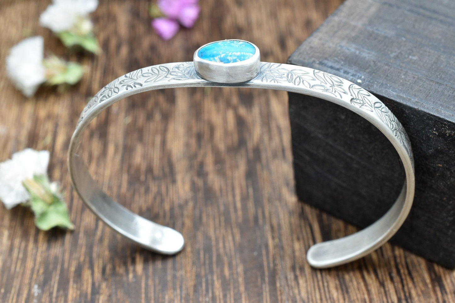 Turquoise Cuff Bracelet with Stamped Petals Design