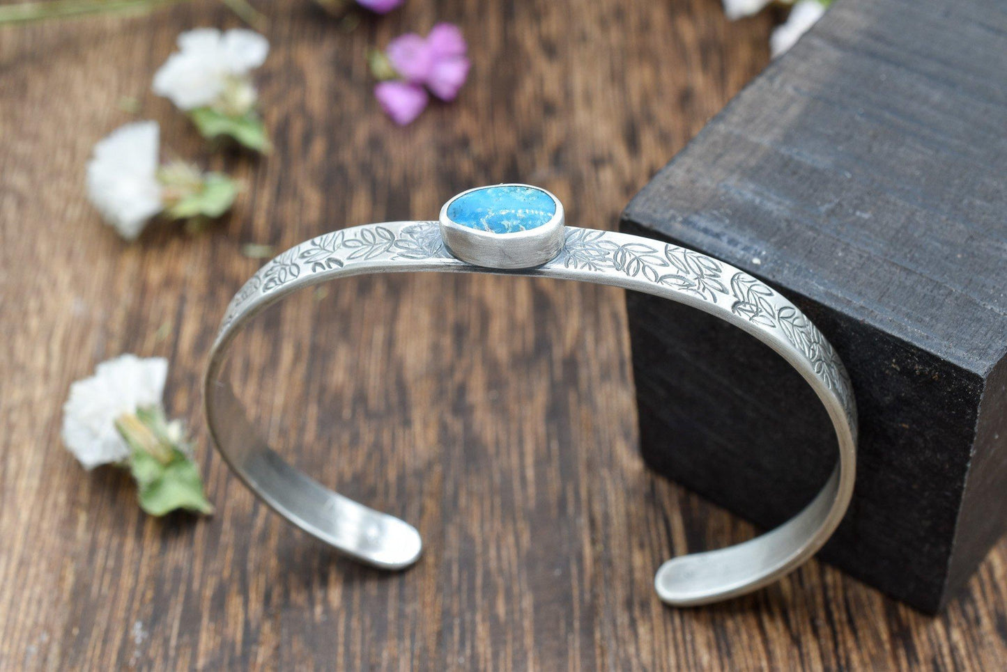 Turquoise Cuff Bracelet with Stamped Petals Design