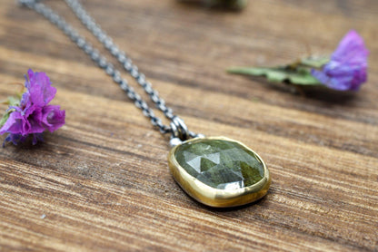 18k Gold, Green Rose Cut Sapphire, Mixed Metals Necklace