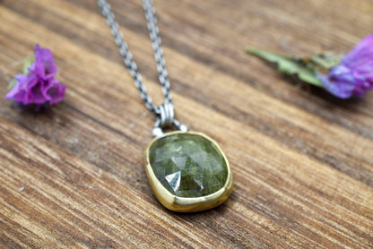 18k Gold, Green Rose Cut Sapphire, Mixed Metals Necklace