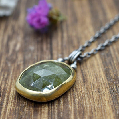 18k Gold, Green Rose Cut Sapphire, Mixed Metals Necklace