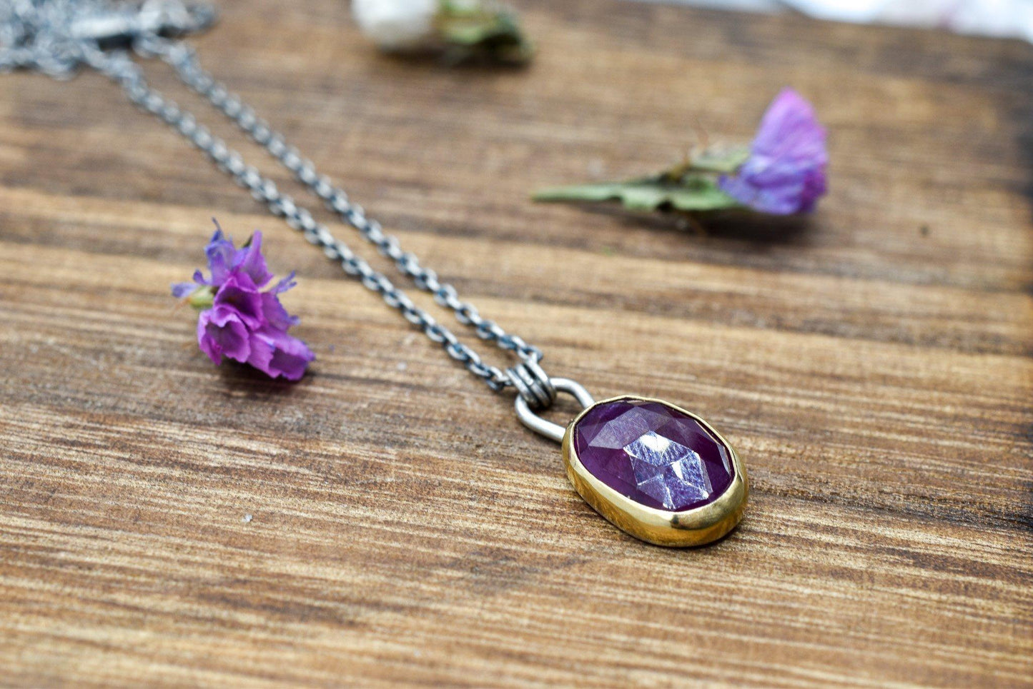 18k Gold, Rose Cut Pink Sapphire, Mixed Metals Necklace