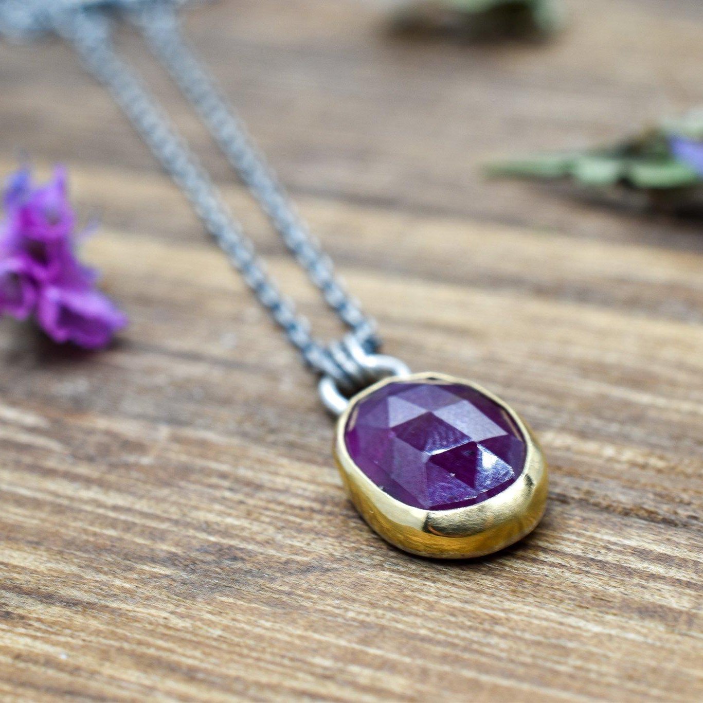 18k Gold, Rose Cut Pink Sapphire, Mixed Metals Necklace